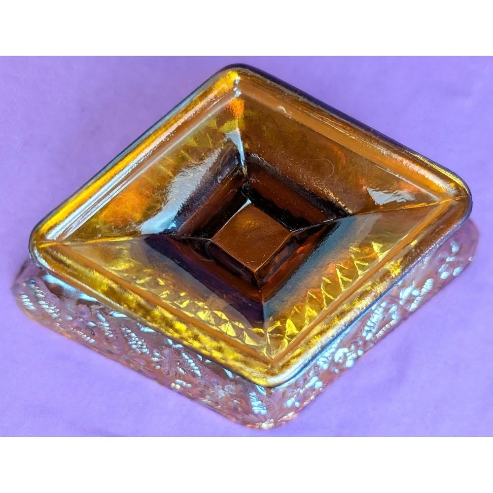 Indiana Carnival Glass Diamond Shaped Pedestal Dish Amber Iridescent Vintage